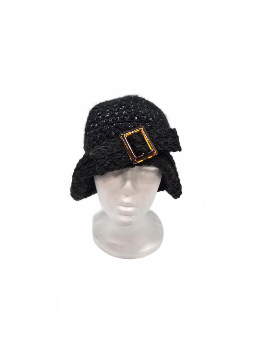 Giovannio Black Crocheted Cloche Hat with Buckle Accent